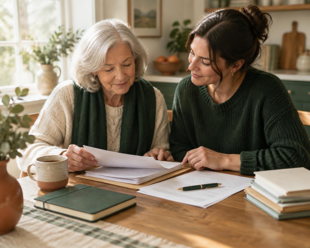 Two people planning together at a kitchen table in soft morning light.