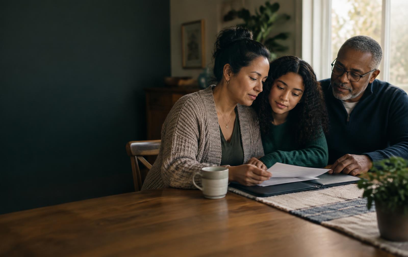 A family leaning on one another while going through things together at home.